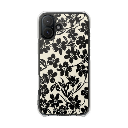 Clear Magnetic Phone Case — Black Floral Silhouette Design