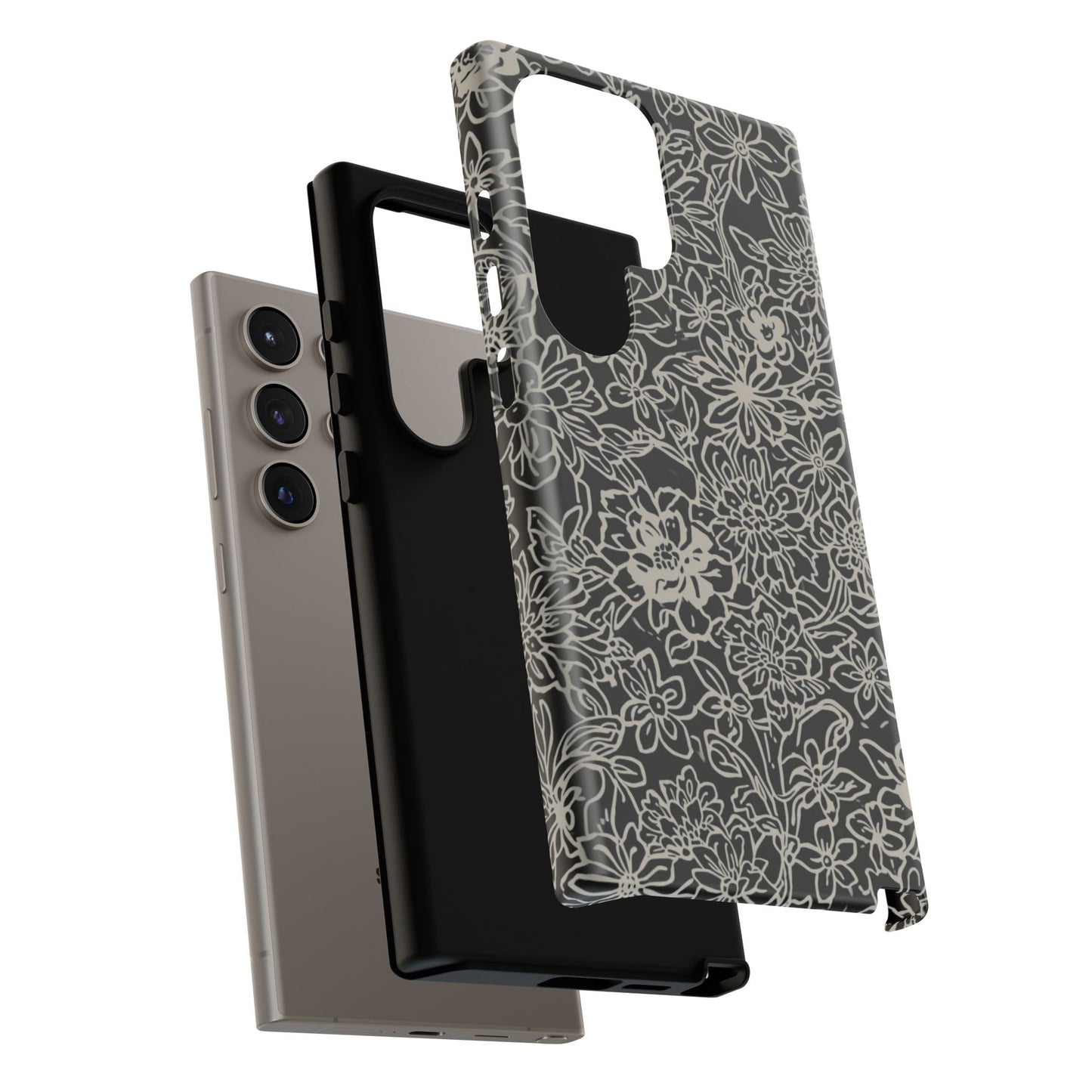Floral Doodle Tough Phone Case — Black & White Sketch Flower Protective Cover