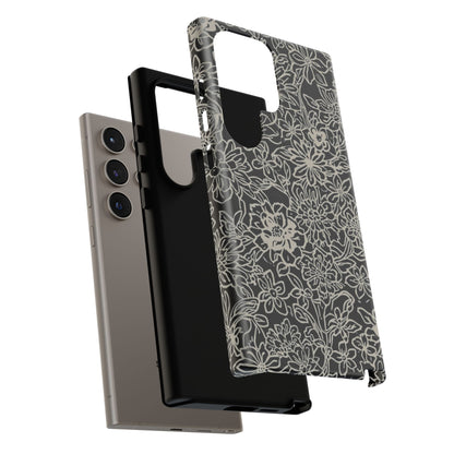 Floral Doodle Tough Phone Case — Black & White Sketch Flower Protective Cover