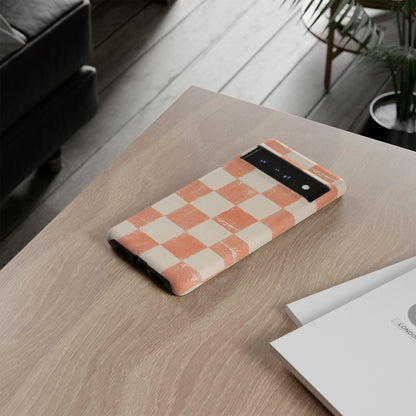 Peach Checkerboard Tough Phone Case — Retro Distressed Grid Design