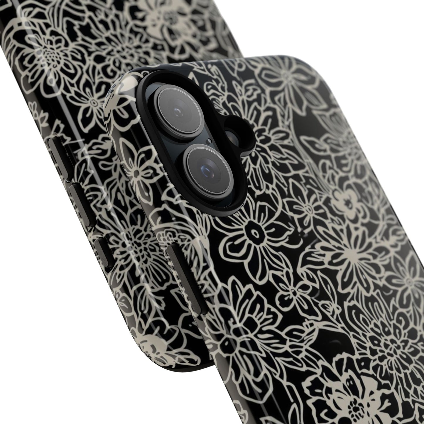 Floral Doodle Tough Phone Case — Black & White Sketch Flower Protective Cover