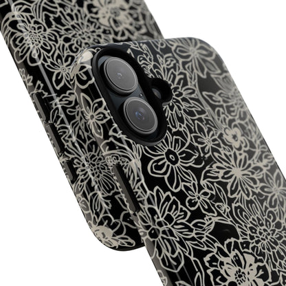 Floral Doodle Tough Phone Case — Black & White Sketch Flower Protective Cover