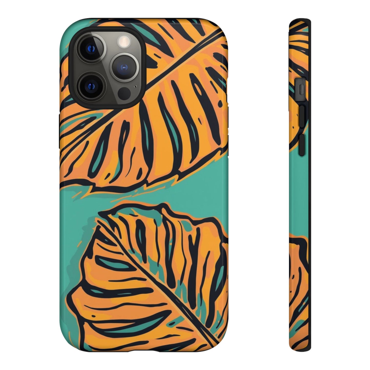 Tropical Leaf Tough Phone Case — Orange Monstera Design on Teal