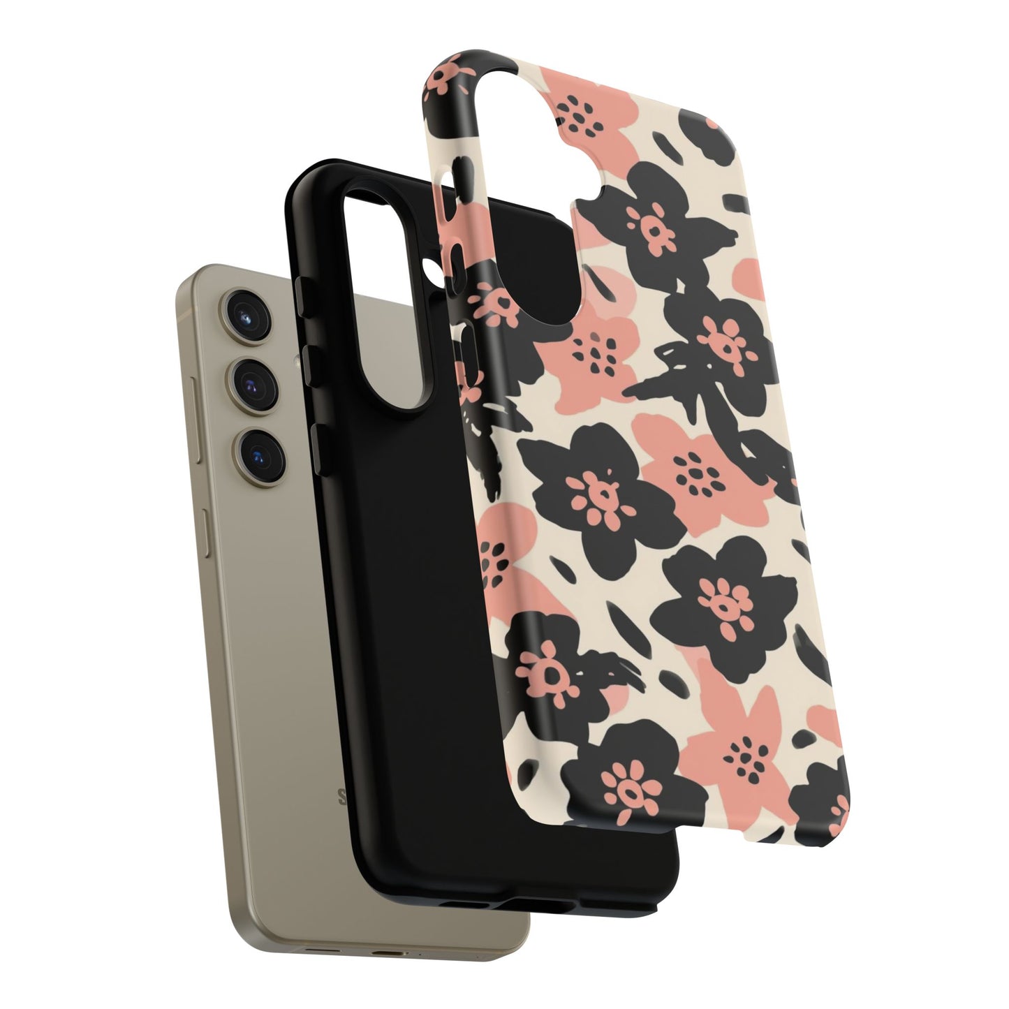 Floral Phone Case — Pink & Black Retro Blossom Protective Cover