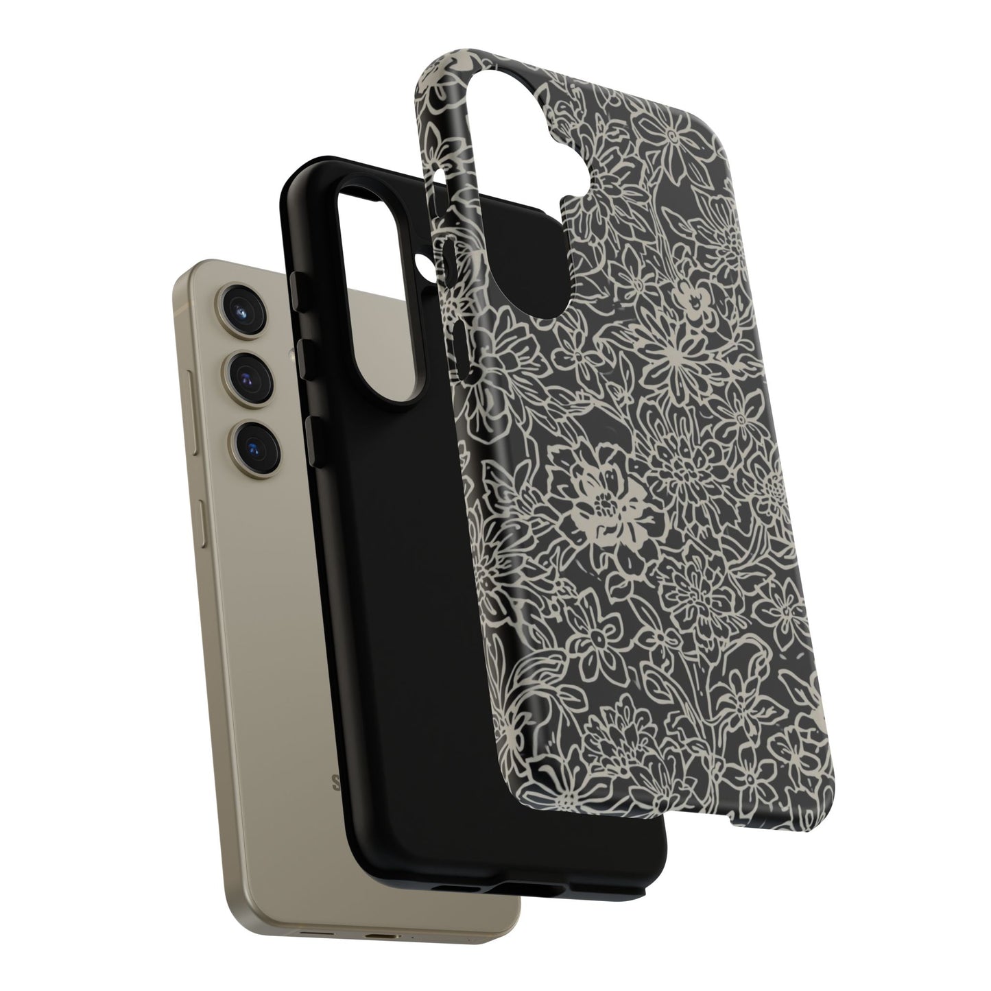Floral Doodle Tough Phone Case — Black & White Sketch Flower Protective Cover