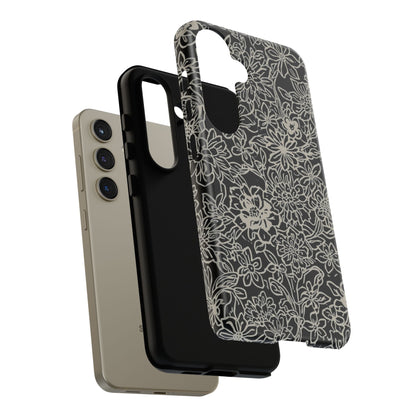 Floral Doodle Tough Phone Case — Black & White Sketch Flower Protective Cover