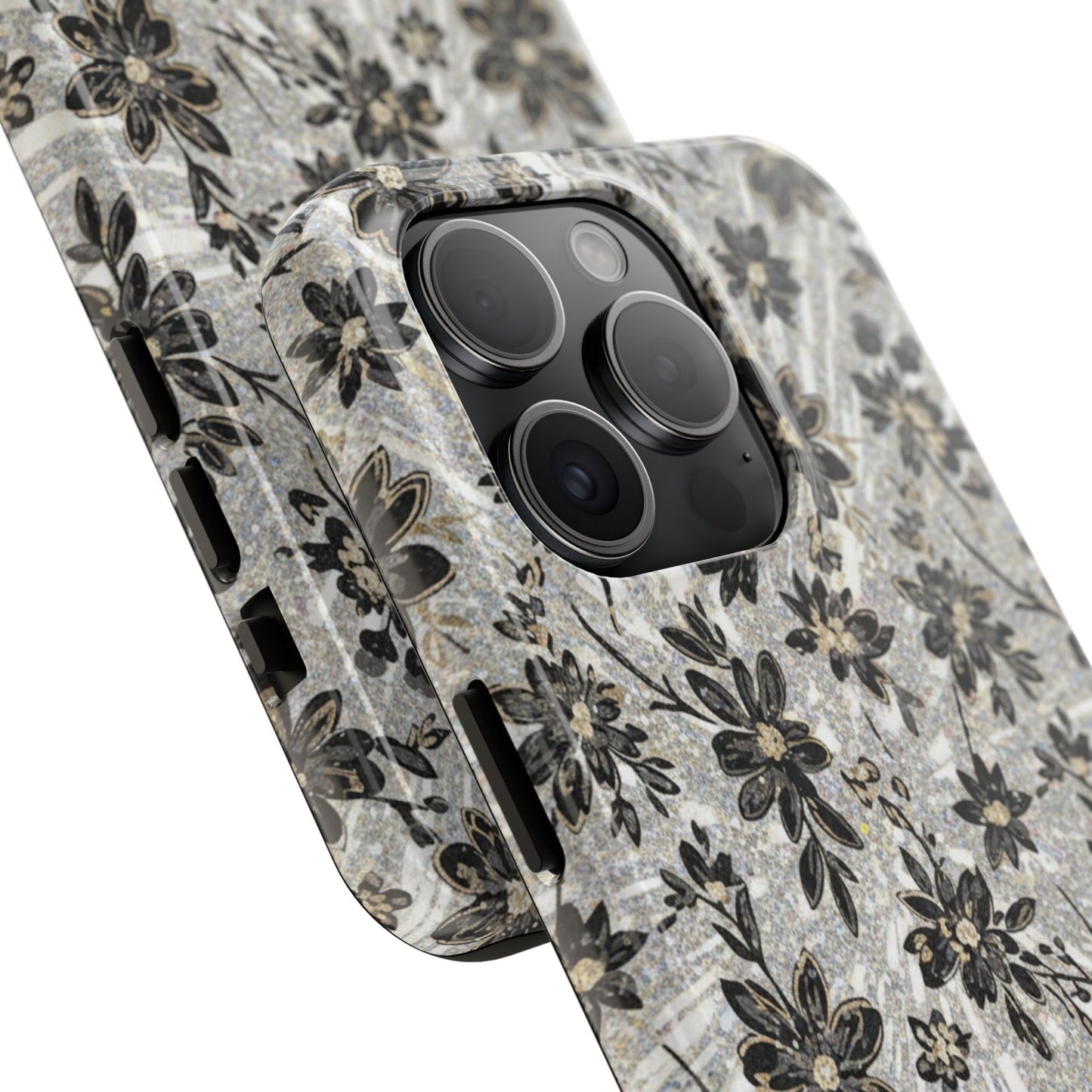 Floral Vintage Tough Phone Case — Black & Gray Rustic Flower Protective Case