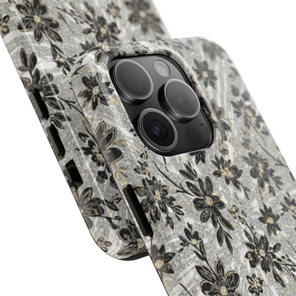 Floral Vintage Tough Phone Case — Black & Gray Rustic Flower Protective Case