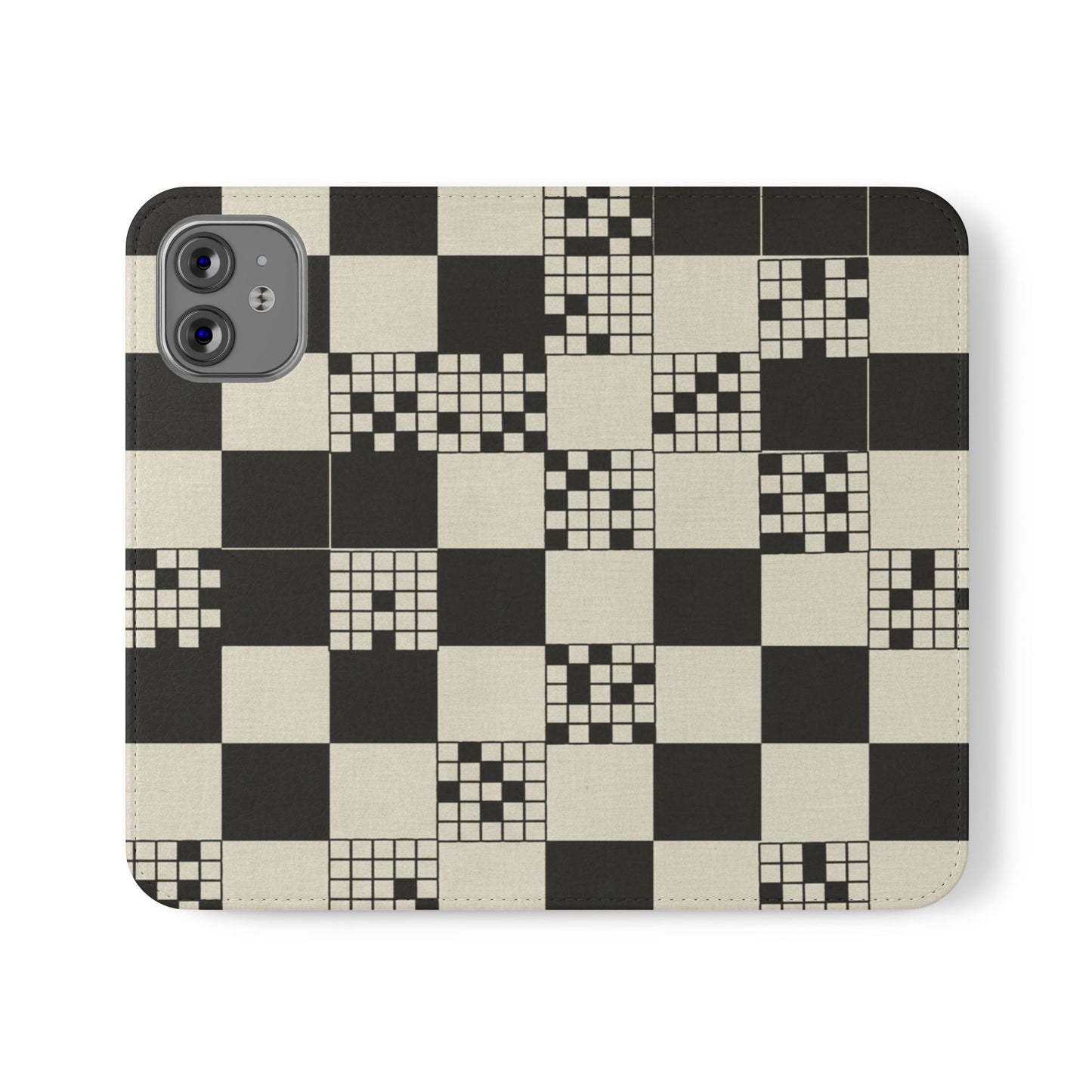 Checkerboard Flip Phone Case – Retro Black & Cream Geometric Wallet Case