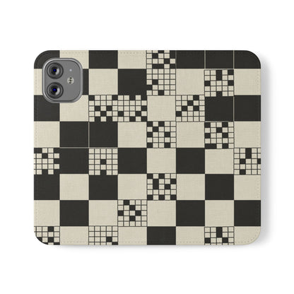 Checkerboard Flip Phone Case – Retro Black & Cream Geometric Wallet Case