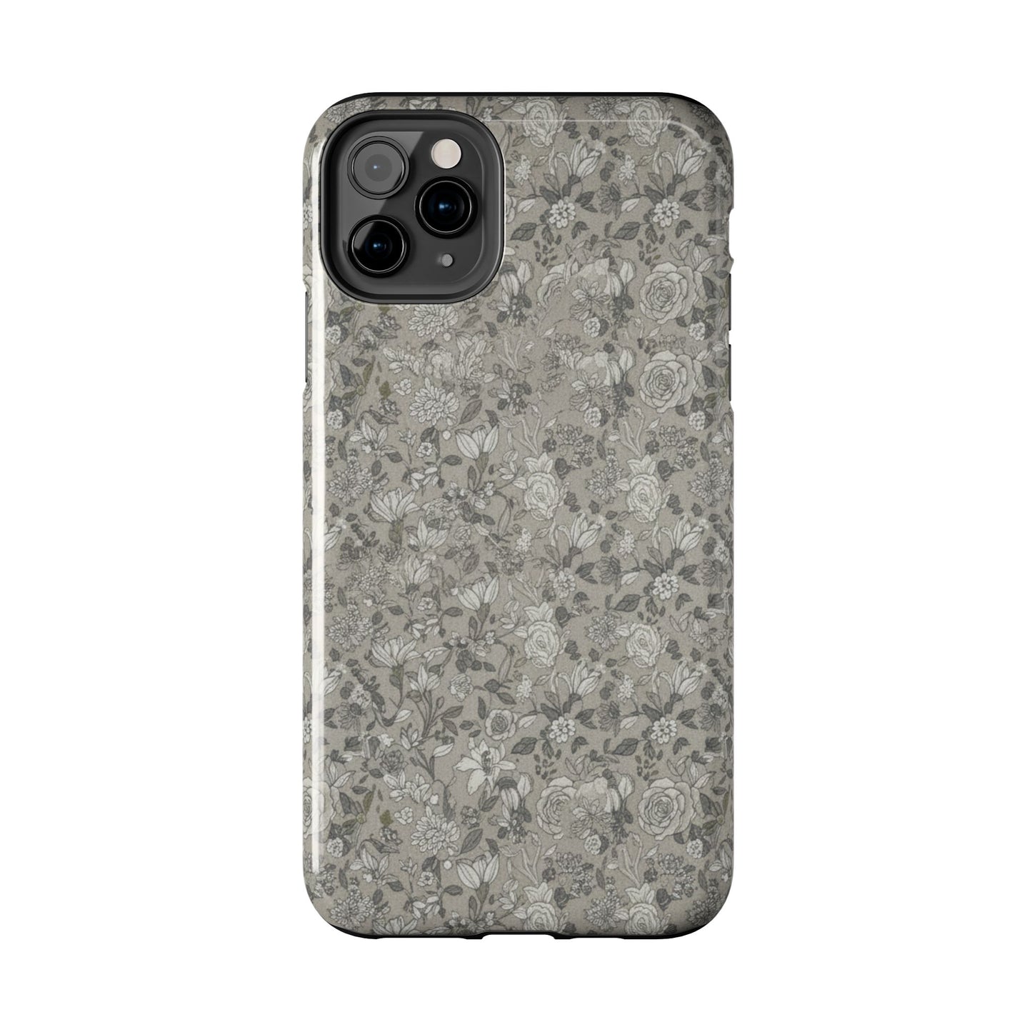 Gray Floral Tough Phone Case — Durable Protective Phone Cover with Vintage Botanical Pattern
