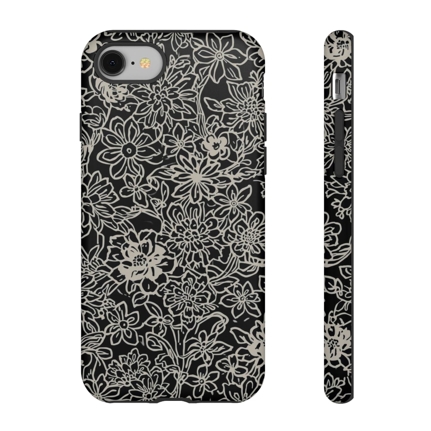Floral Doodle Tough Phone Case — Black & White Sketch Flower Protective Cover