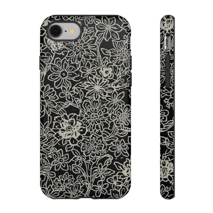 Floral Doodle Tough Phone Case — Black & White Sketch Flower Protective Cover