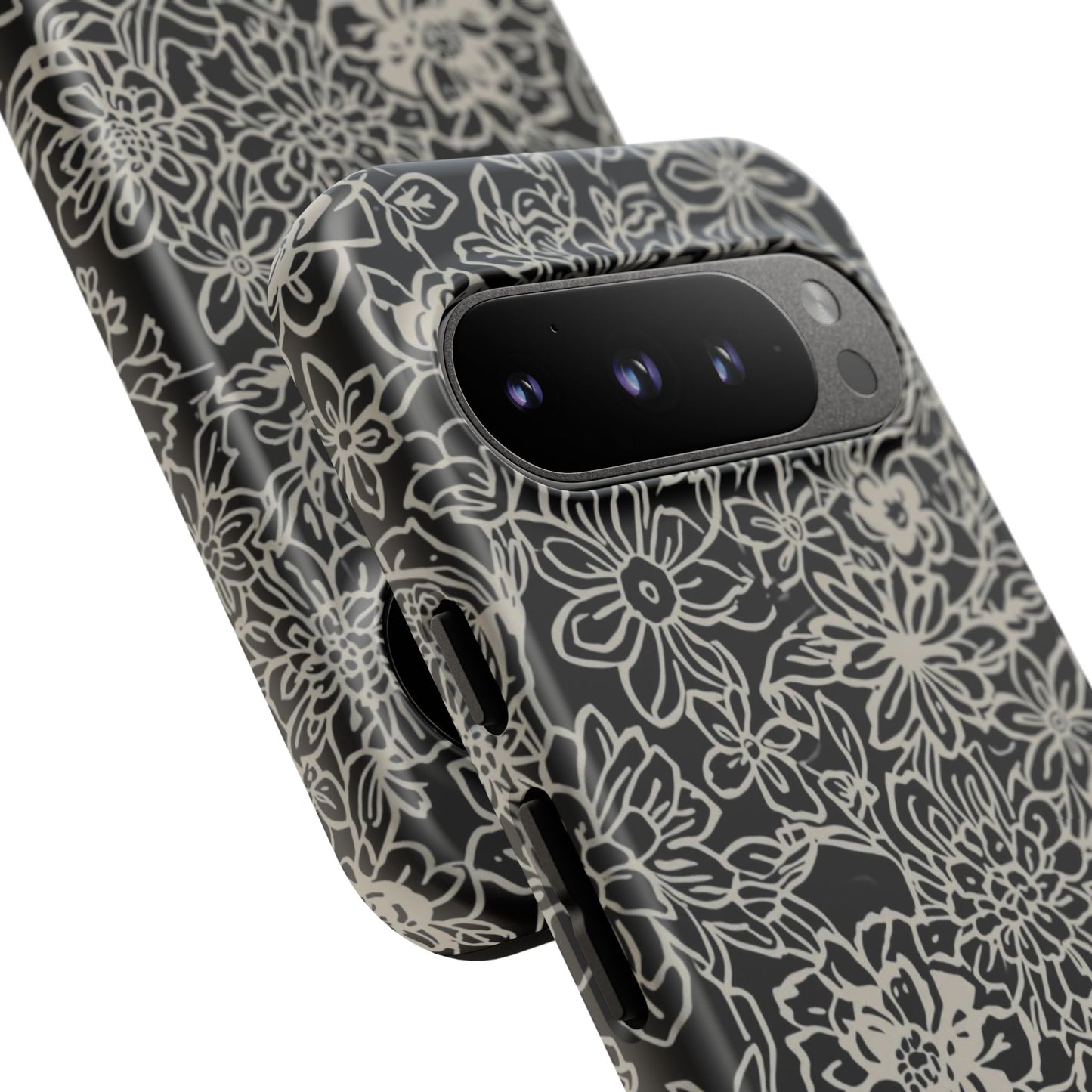 Floral Doodle Tough Phone Case — Black & White Sketch Flower Protective Cover