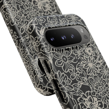 Floral Doodle Tough Phone Case — Black & White Sketch Flower Protective Cover
