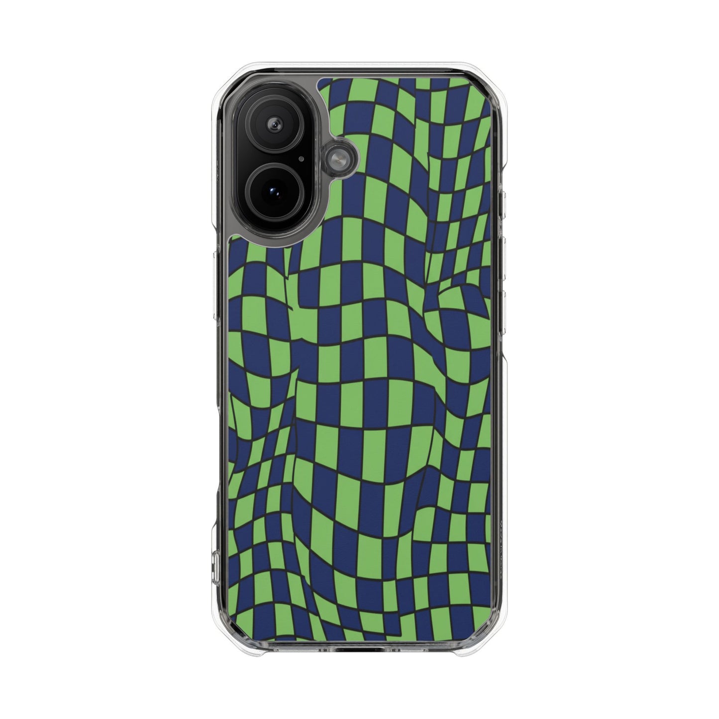 Clear Magnetic Phone Case — Green Distorted Checkerboard Design