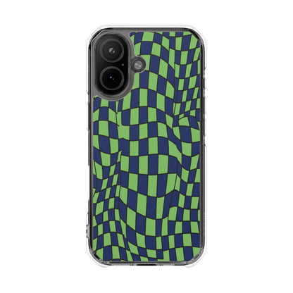 Clear Magnetic Phone Case — Green Distorted Checkerboard Design