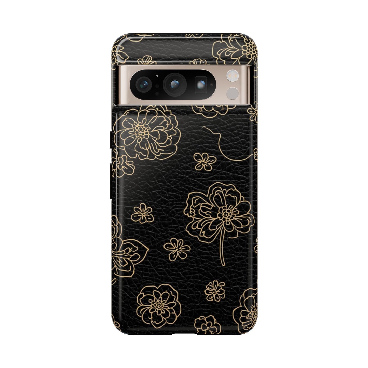 Floral Leather-Texture Tough Case – Black Gold Outline Phone Cover