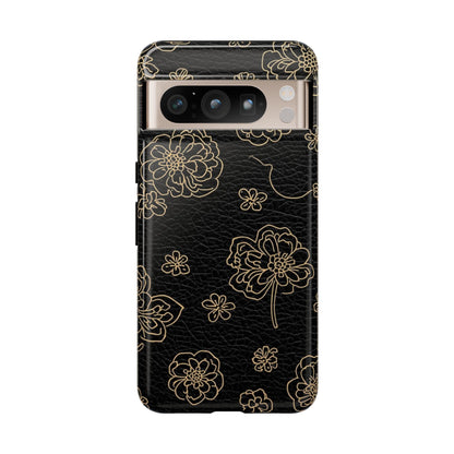 Floral Leather-Texture Tough Case – Black Gold Outline Phone Cover