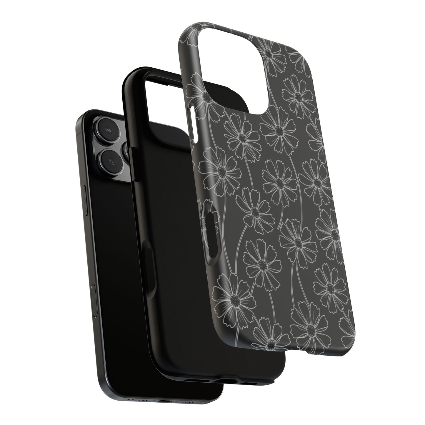Floral Doodle Tough Phone Case — Black & Gray Daisy Pattern