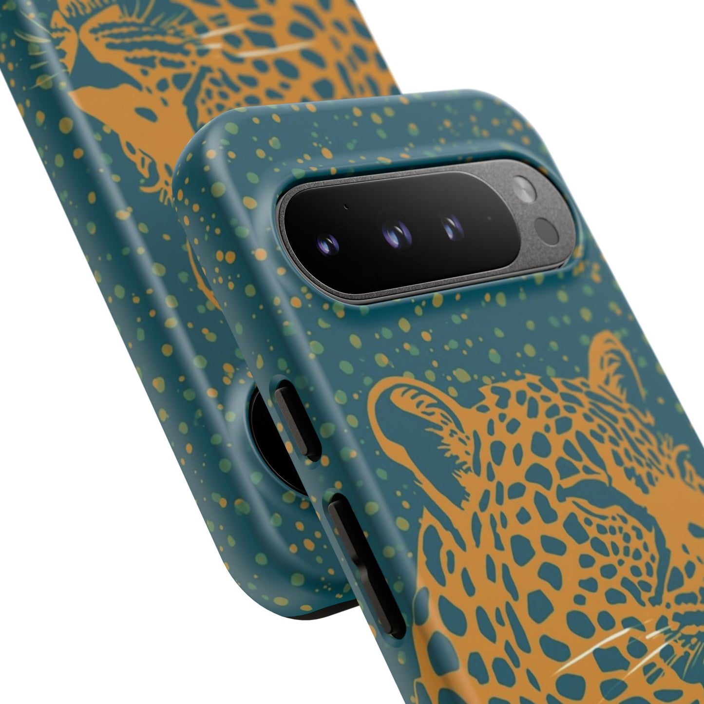 Leopard Print Tough Phone Case — Gold Panther on Teal, Protective iPhone Cover
