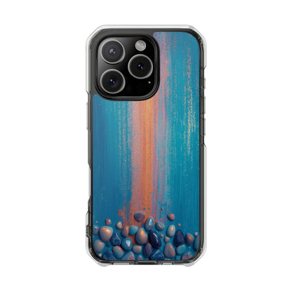 Clear Magnetic Phone Case — Abstract Blue Sunset Pebble Design