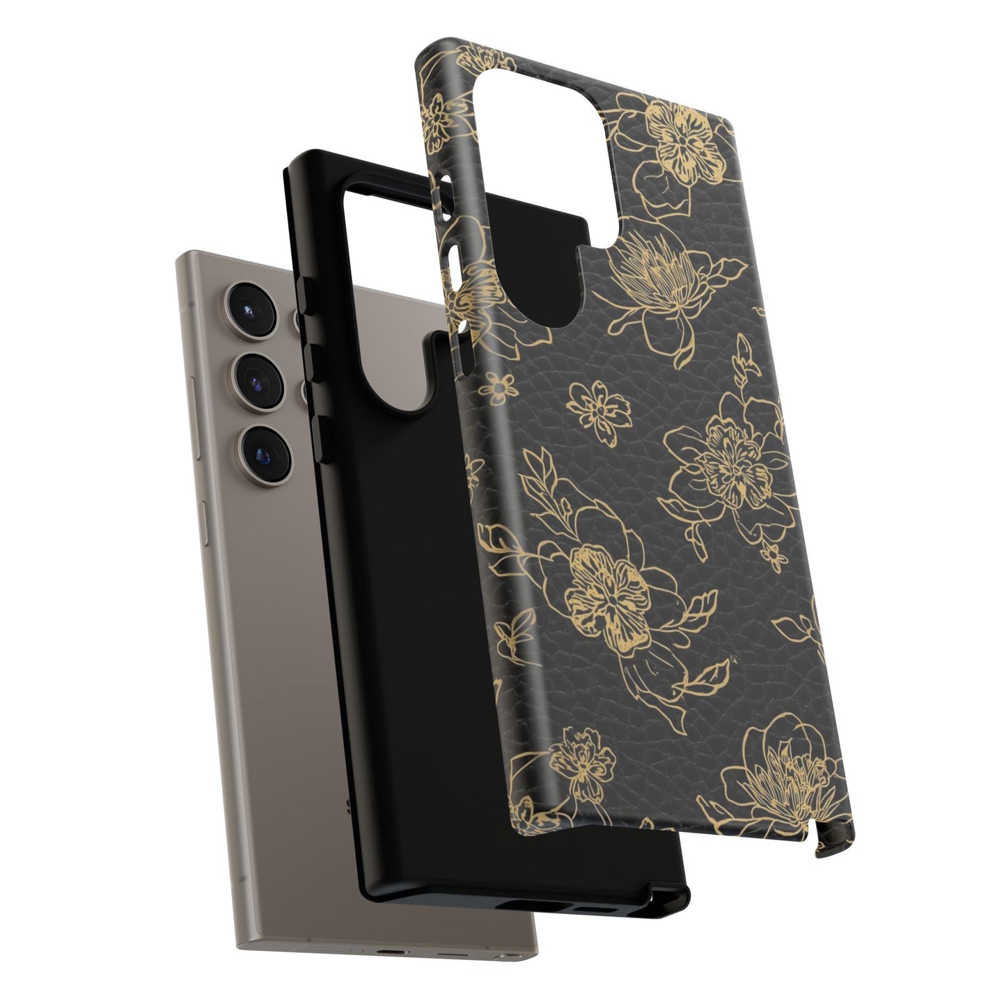 Floral Leather Phone Case — Gold Outline Flowers on Black Tough Case