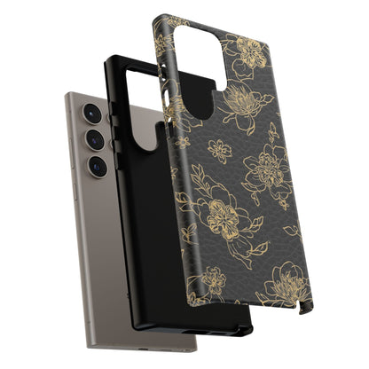 Floral Leather Phone Case — Gold Outline Flowers on Black Tough Case