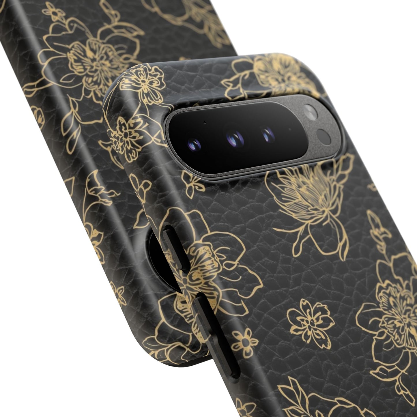 Floral Leather Phone Case — Gold Outline Flowers on Black Tough Case