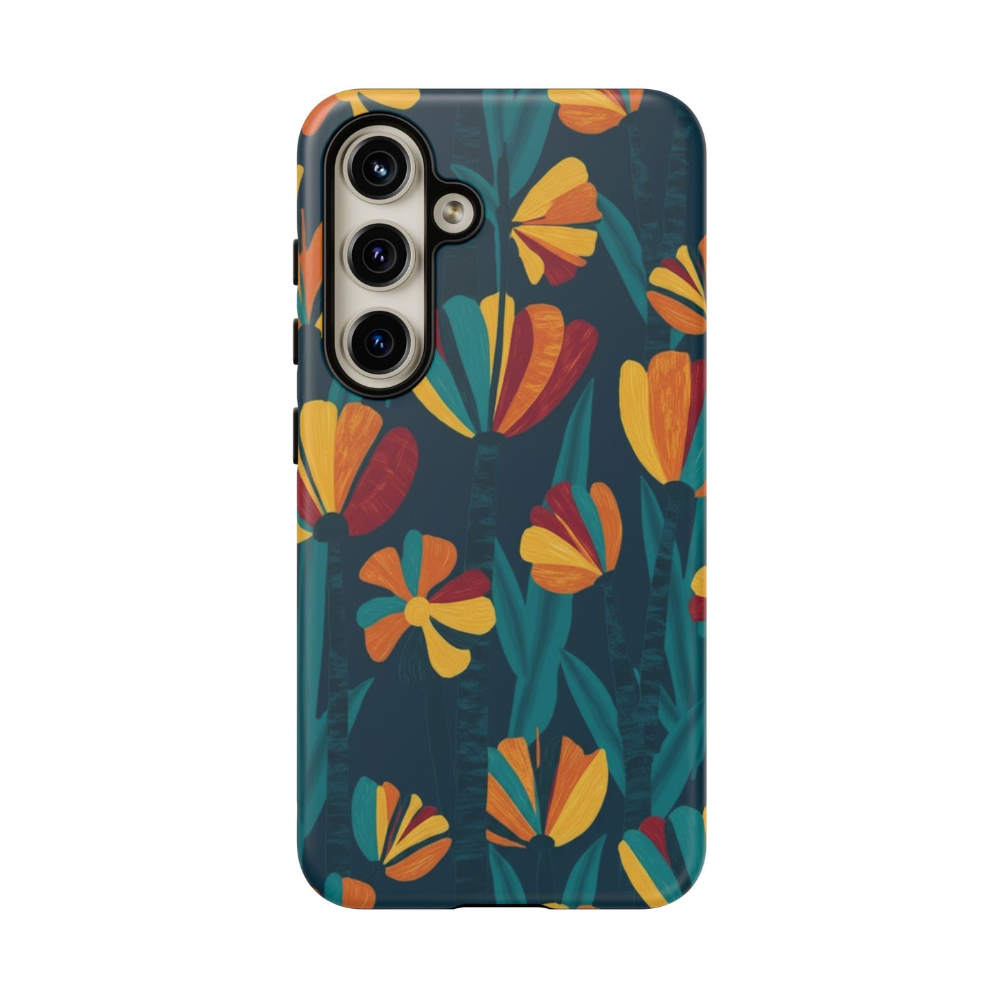 Floral Retro Teal Tough Phone Case — Vibrant Orange & Mustard Blooms