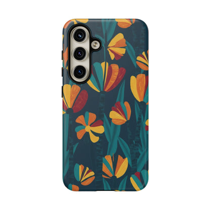 Floral Retro Teal Tough Phone Case — Vibrant Orange & Mustard Blooms