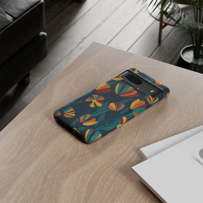 Floral Retro Teal Tough Phone Case — Vibrant Orange & Mustard Blooms