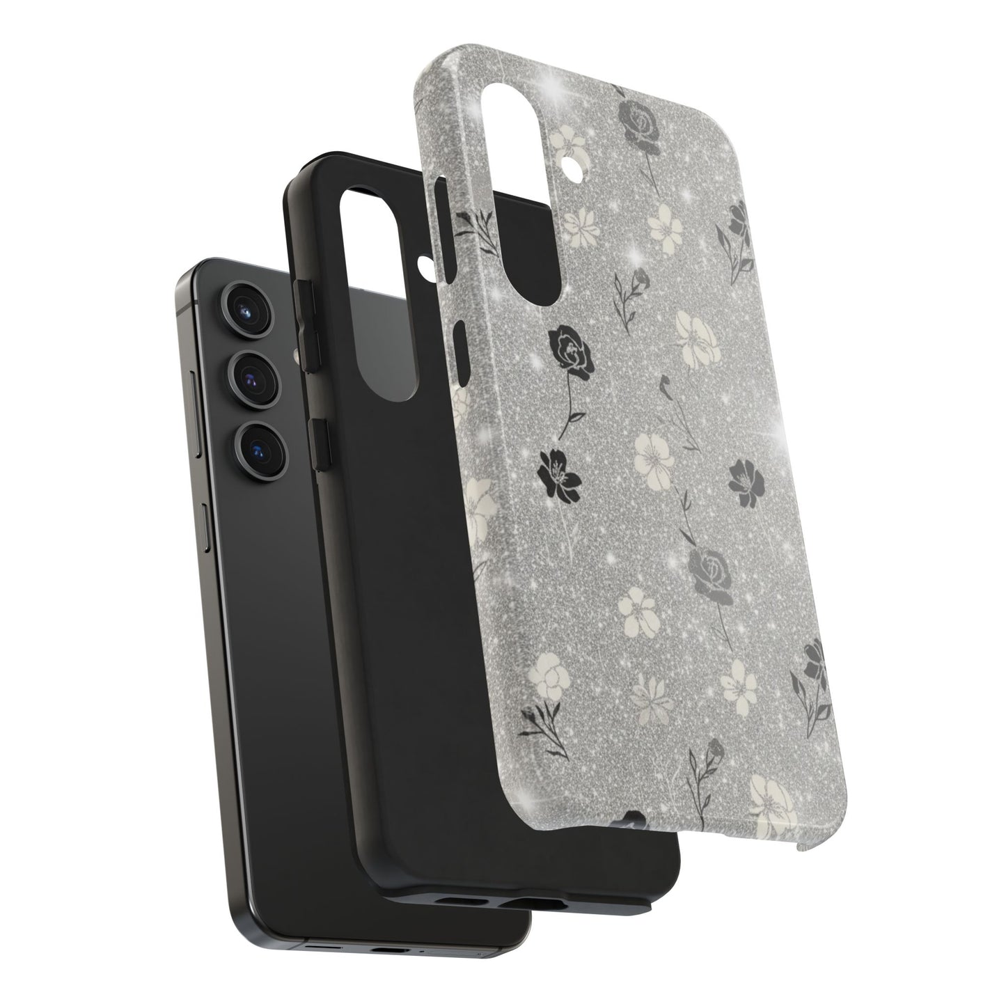 Floral Glitter Tough Phone Case — Black & Silver Vintage Flower Protective Cover
