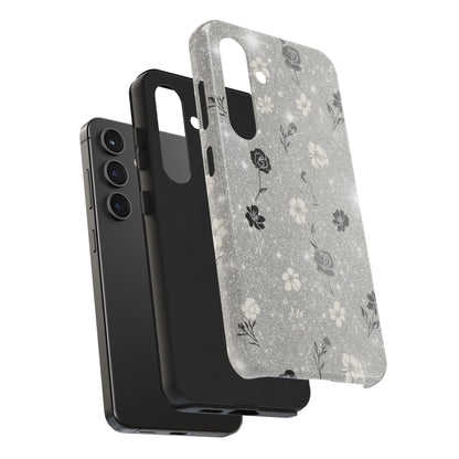 Floral Glitter Tough Phone Case — Black & Silver Vintage Flower Protective Cover