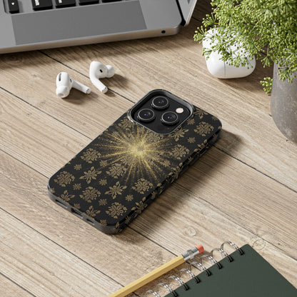Glitter Burst Tough Phone Case — Black & Gold Floral Protective Cover