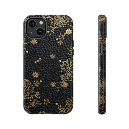 Floral Gold Foil Leather Texture Tough Phone Case