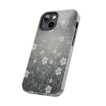Floral Sparkle Tough Phone Case — Black & Silver Vintage Blossom