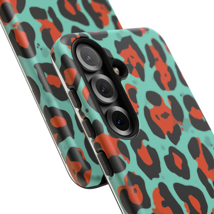 Leopard Print Tough Phone Case — Teal & Rust Protective iPhone Cover