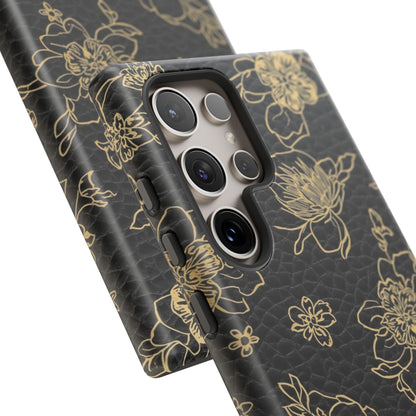 Floral Leather Phone Case — Gold Outline Flowers on Black Tough Case