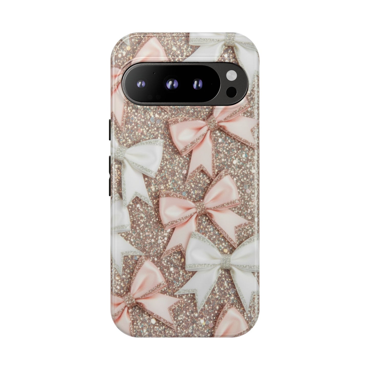 Glitter Bow Tough Phone Case — Pink & White Ribbon Protective Cover
