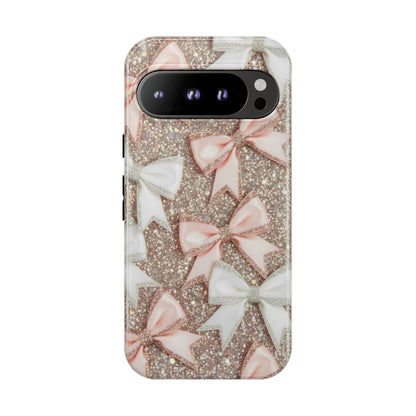 Glitter Bow Tough Phone Case — Pink & White Ribbon Protective Cover