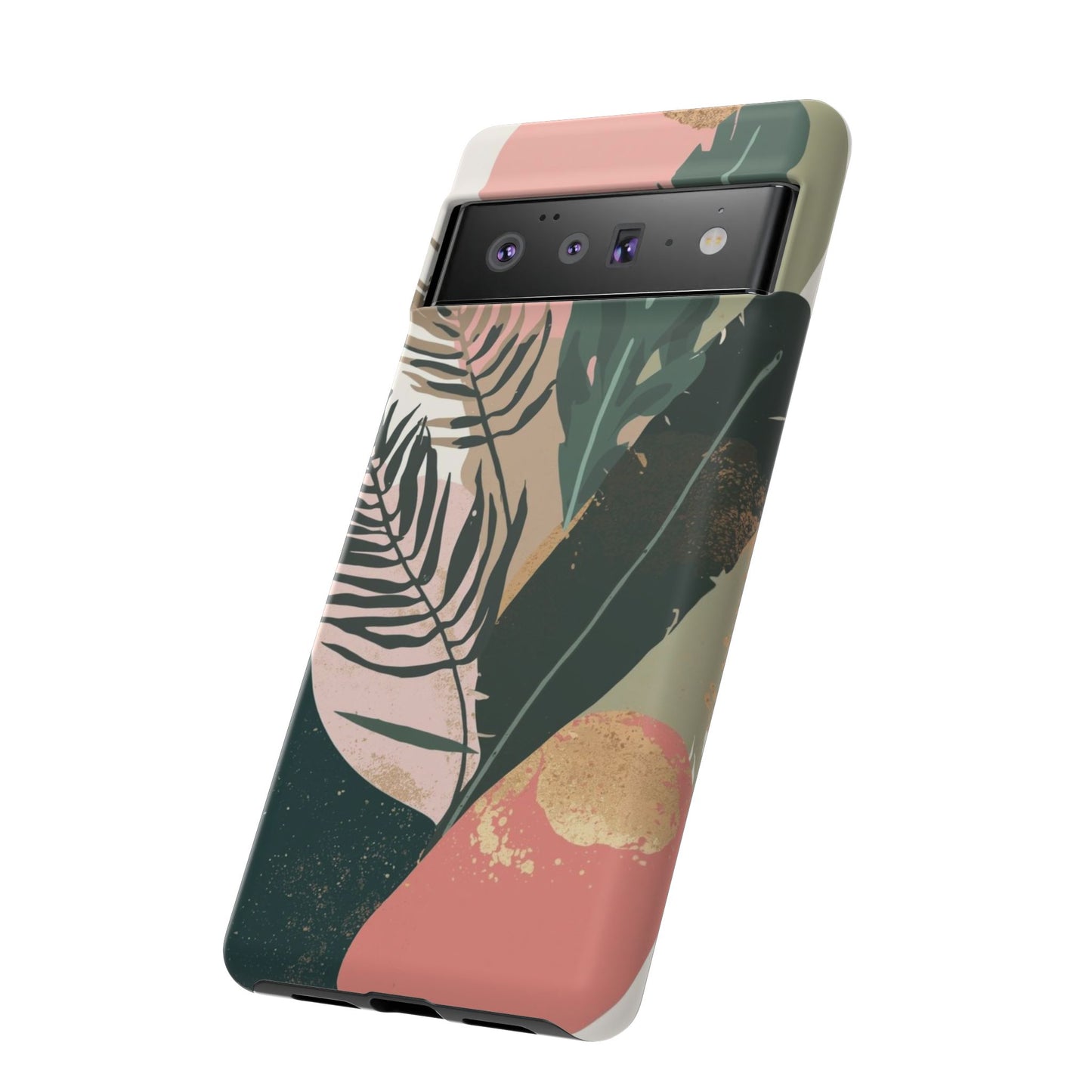 Tropical Leaf Tough Phone Case — Abstract Pink & Green Botanical Protective Cover