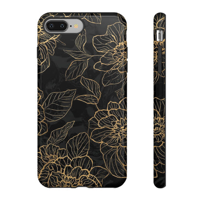 Floral Gold Outline Tough Phone Case – Black Botanical Protective Cover