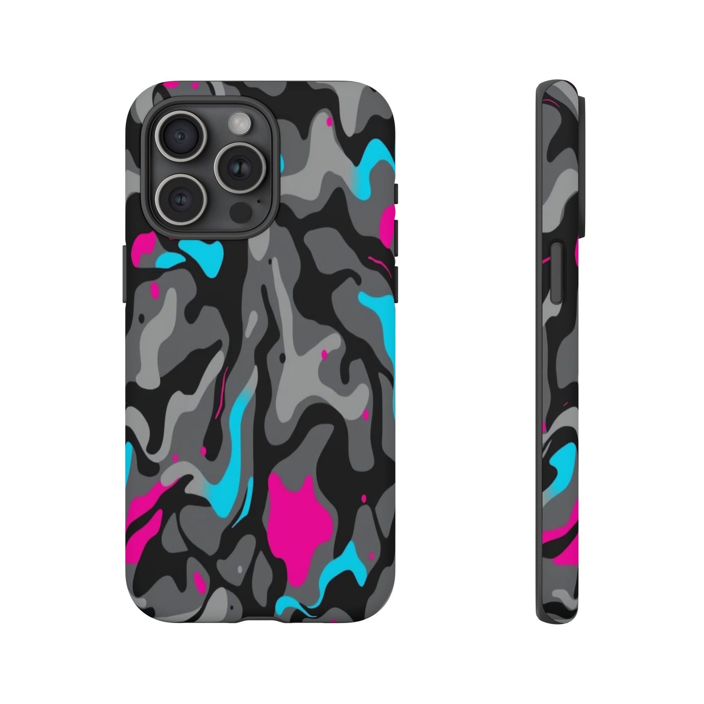 Camouflage Phone Case — Gray Camo with Neon Pink & Cyan Accent Tough Protective Cover