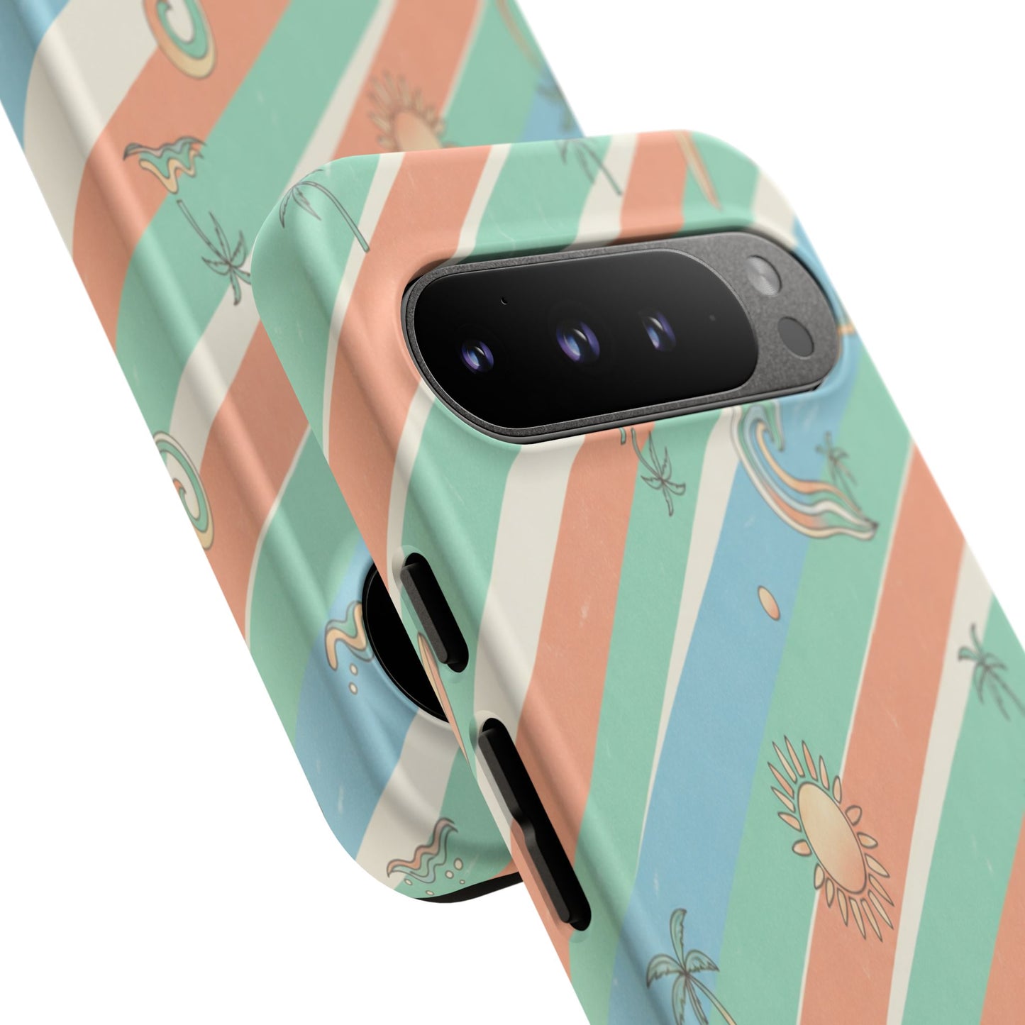 Retro Beach Stripes Phone Case — Sun, Waves & Palm Pattern Tough Case