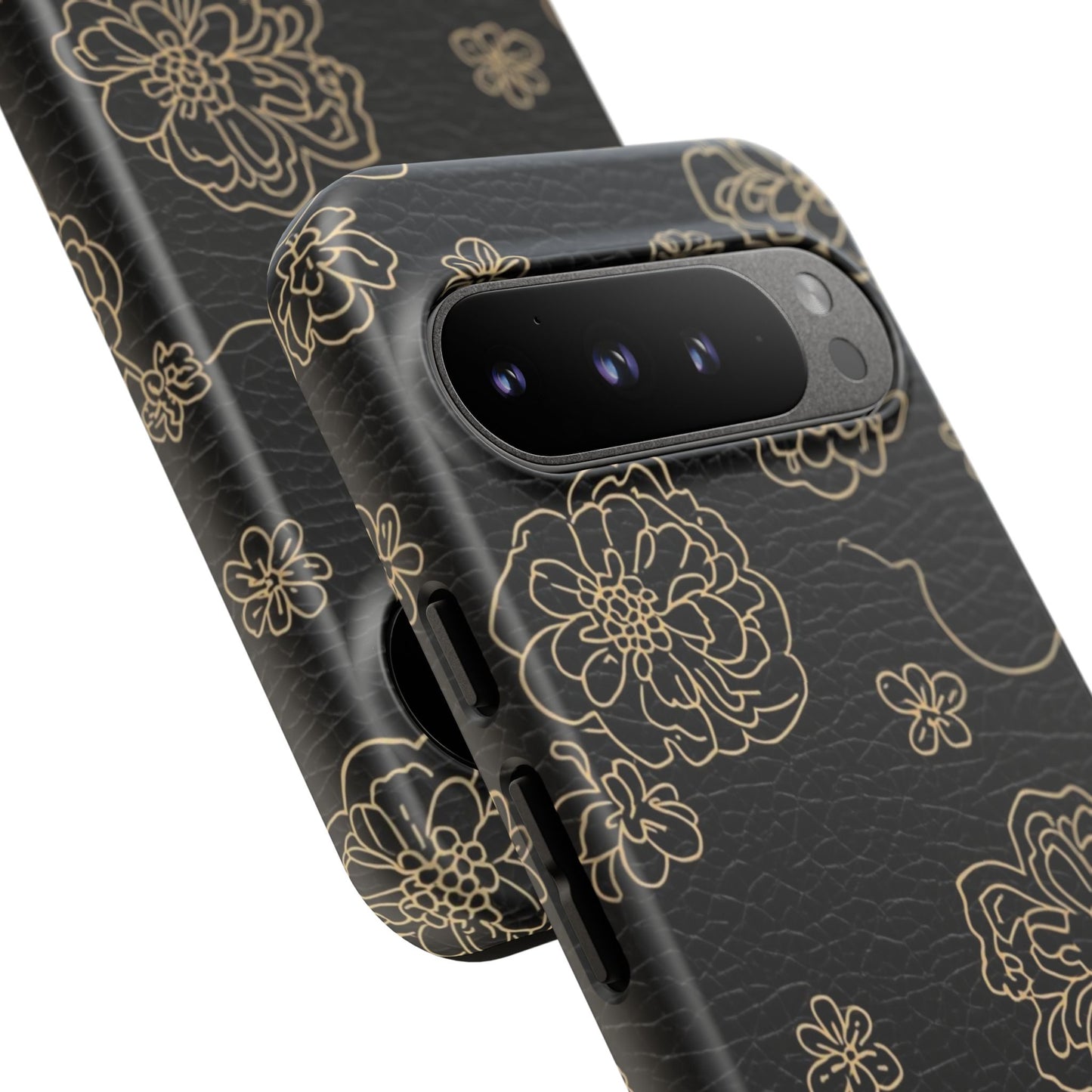 Floral Leather-Texture Tough Case – Black Gold Outline Phone Cover
