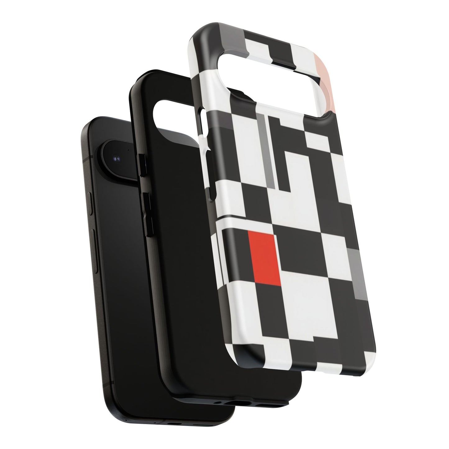 Abstract Geometric Phone Case – Black & White Checker Grid with Red Accent