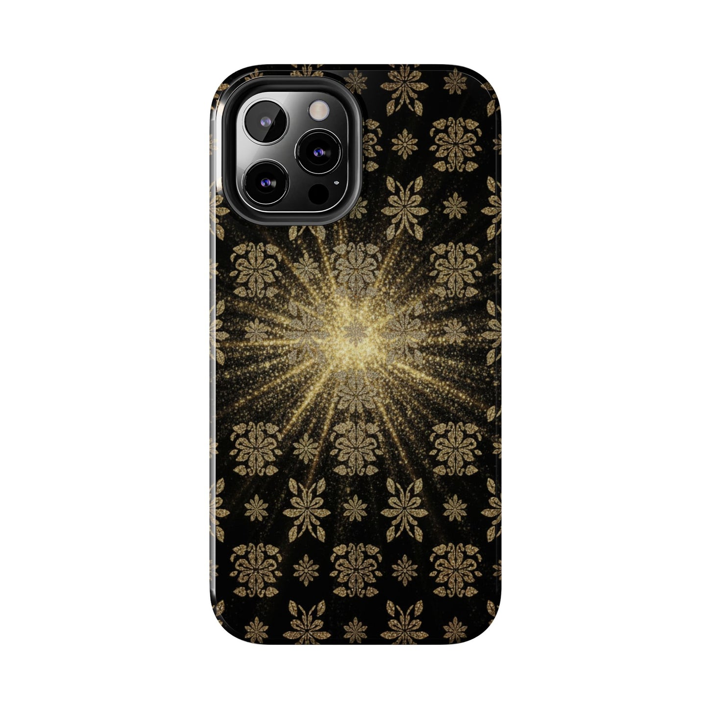 Glitter Burst Tough Phone Case — Black & Gold Floral Protective Cover
