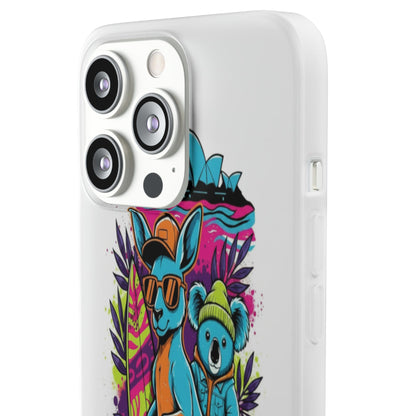 Kangaroo & Koala Surf Phone Case — Neon Aussie Beach Vibes Flexible Case