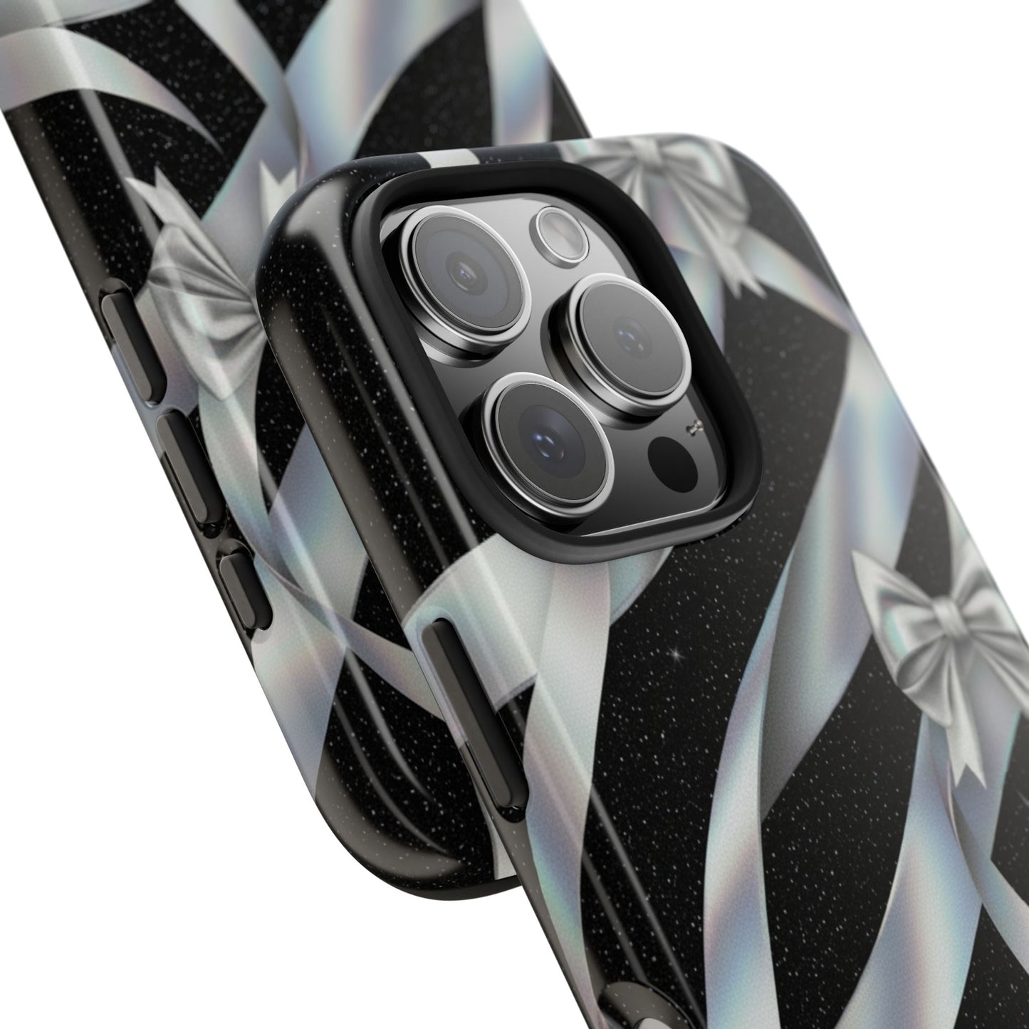 Silver Ribbon Bow Tough Phone Case — Glitter Black Protective Phone Case